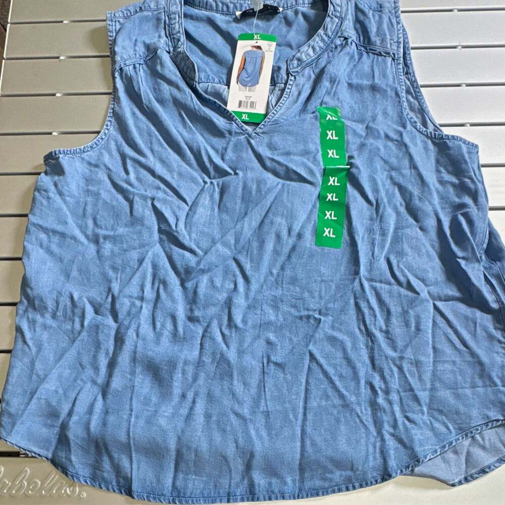 Fever Women's XL Blue Solid Lyocell Denim Split Neck Sleeveless Blouse